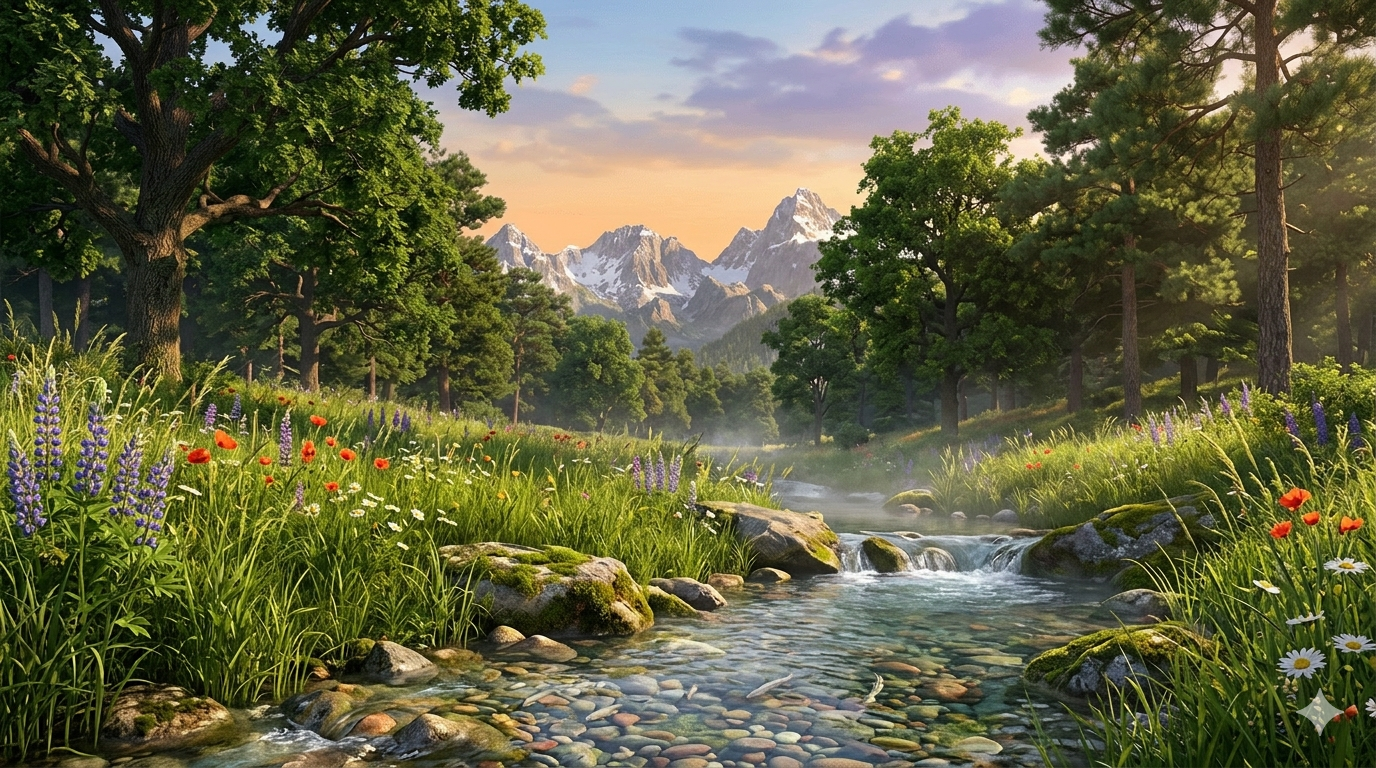 Clear stream running through a green meadow